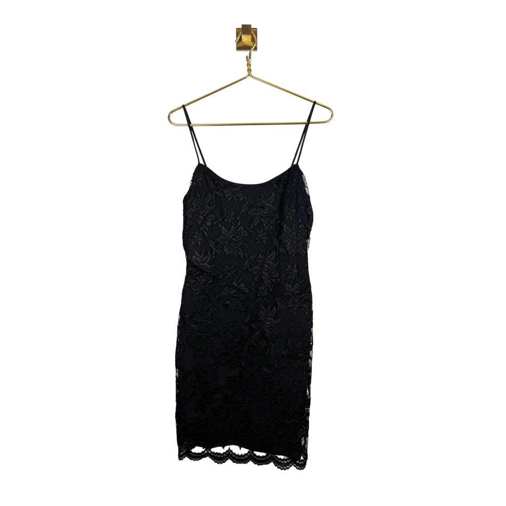 Vintage 80s Black Lace Cocktail Dress Spaghetti Strap LBD Party Sz 10